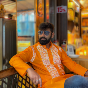 Hand Painted - Cotton Casual Ware Orange Panjabi