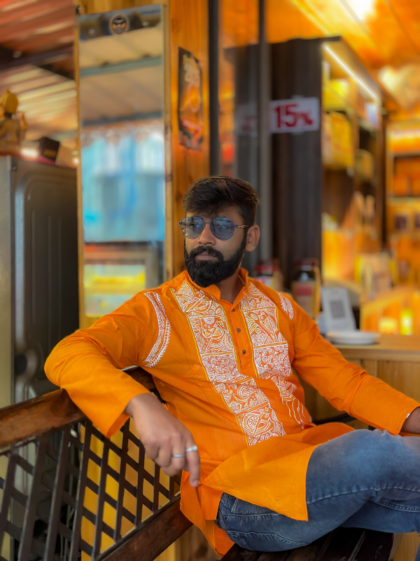 Hand Painted - Cotton Casual Ware Orange Panjabi